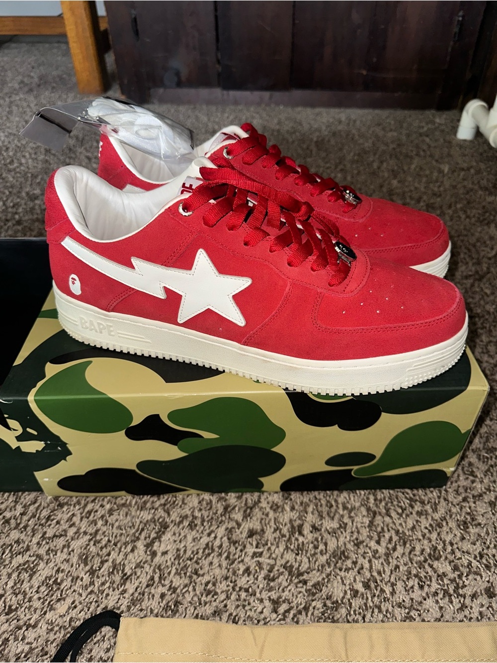 BAPE  Red Suede STA Low-Top Sneakers with White Star
